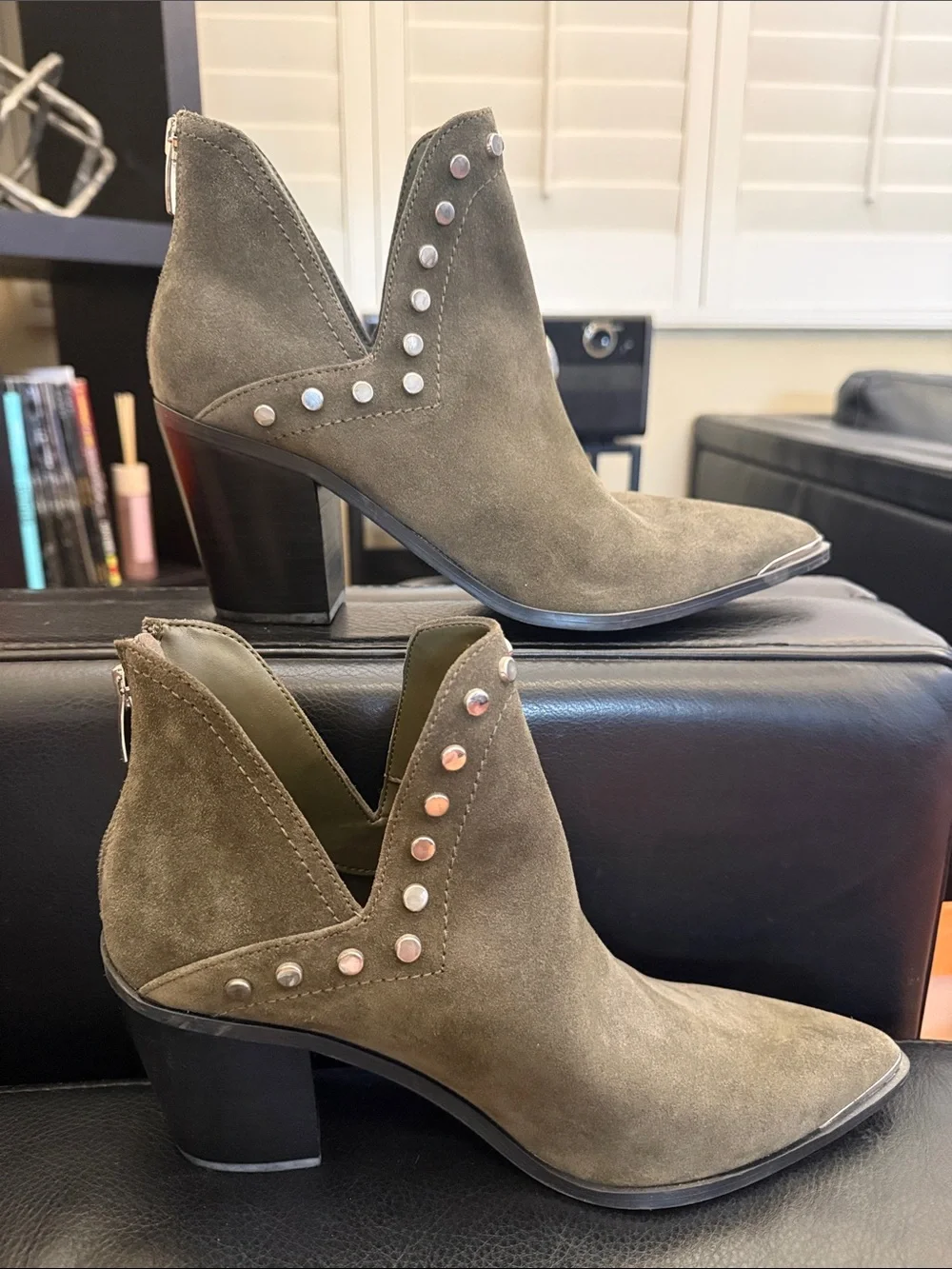 Marc Fisher Olive Suede Studded Pointed-Toe Booties
